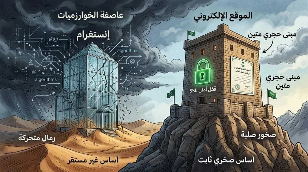 "مقارنة رمزية بين بناء حساب انستغرام على أرض مستأجرة وبناء موقع إلكتروني كأصل رقمي مضمون - WebLinkGrow"